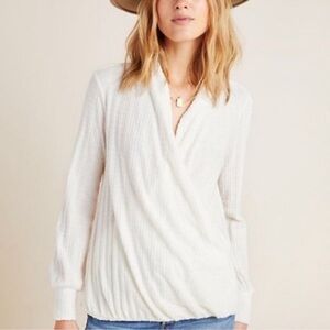 Anthropologie Maeve Rafaela Hacci Faux Wrap Knit Top Off White Size M Petite